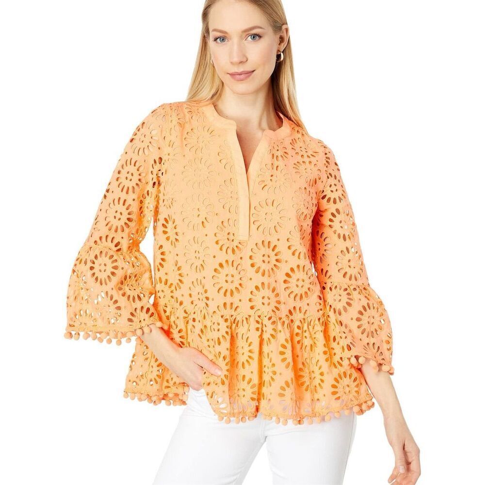 Lilly Pulitzer Women's Eyelet Top L Orange 3/4 Sleeve Flounce Hem Spring